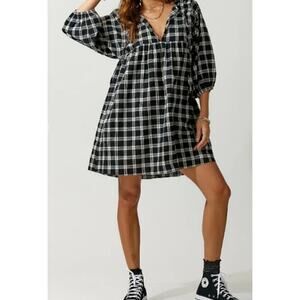 Jordan Black & White Cotton Plaid Oversized Puffed Sleeve Mini Dress W/ Pockets